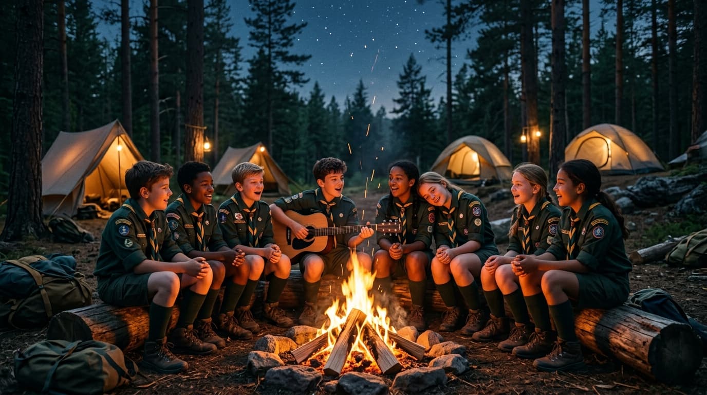 Scouts around campfire singing with camaraderie